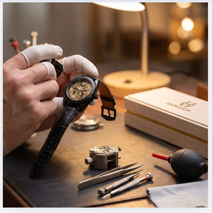 Gloved hands inspecting a HANOISON watch beside tools and presentation box